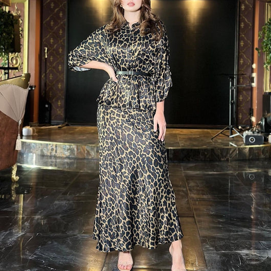 Conjunto de Falda y Blusa Leopardo Manga Larga