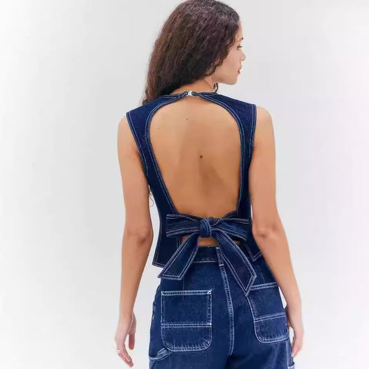 Chaleco Denim Casual sin Mangas Cintura Alta