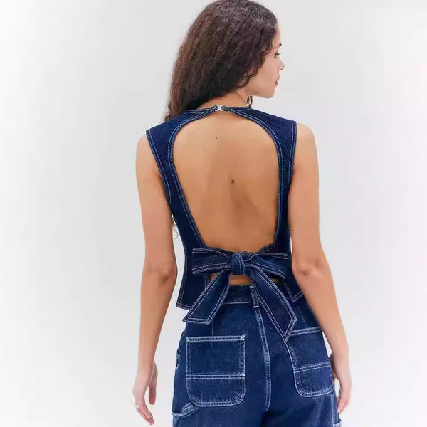 Chaleco Denim Casual sin Mangas Cintura Alta