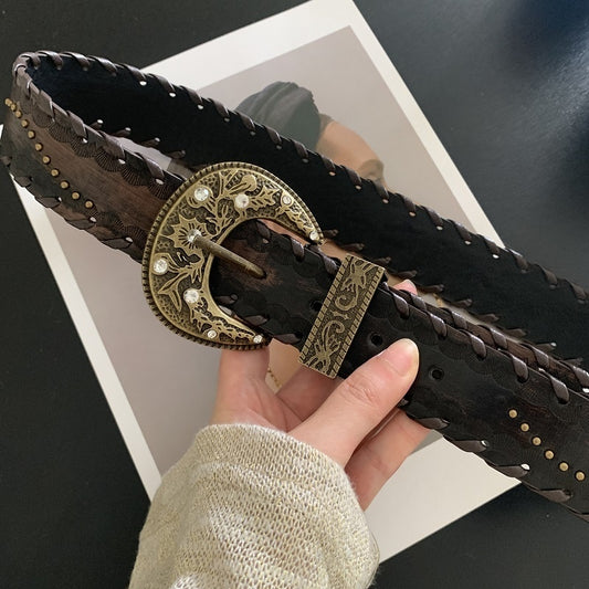 Cinturón Vintage Desgastado con Remaches y Costura Decorativa
