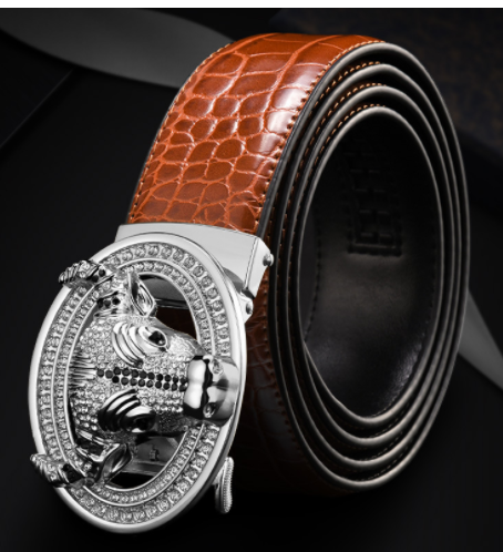 Cinturón de Cuero con Hebilla Automática y Patrón de Diamantes - Cabeza de Toro - Image 10