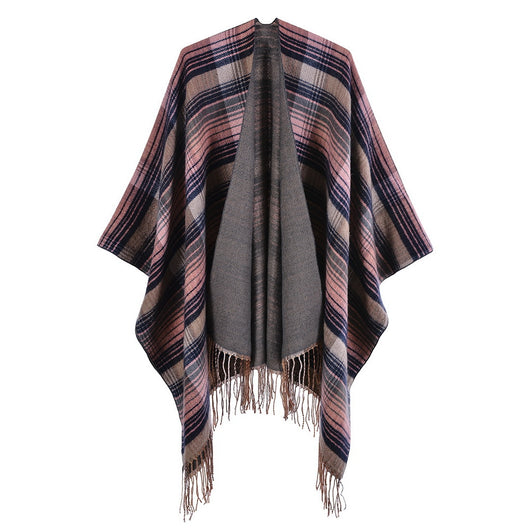 Poncho Cuadros Colorido de Cachemir Sintético con Borlas - Image 15