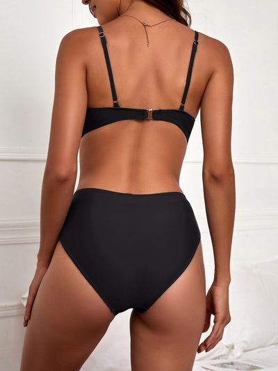 Women's black two-piece bikini with a twisted front bandeau top and high-waisted ruched bottoms. - Image 29