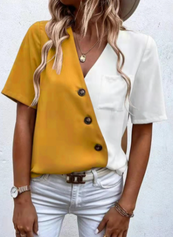 Blusa Elegante de Chifón con Contraste y Manga Corta para Mujer - Image 7