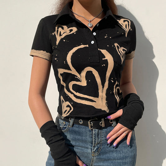 Camiseta Crop Top Vintage Corazón Cuello Vuelto Manga Corta Streetwear