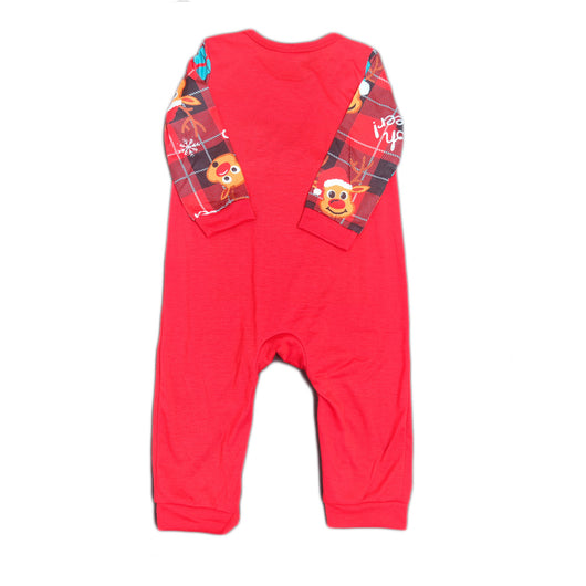 Family matching red Christmas pajamas with a cartoon reindeer and "Merry Christmas" text on a plaid background. - Image 10