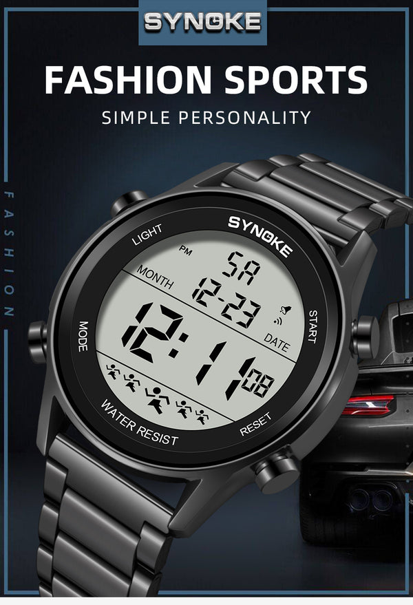 Reloj Deportivo Digital Acero Inoxidable Pantalla Grande Resistente al Agua