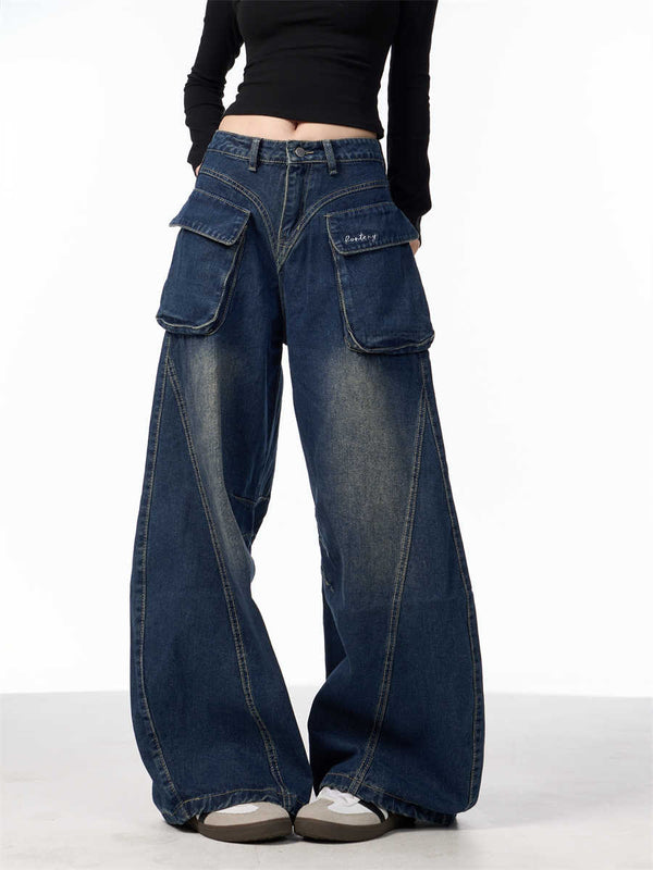 Pantalones Vaqueros Anchos de Cintura Alta con Bolsillos Funcionales
