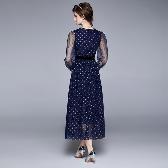 Vestido de Fiesta para Dama con Malla y Lunares en la Cintura