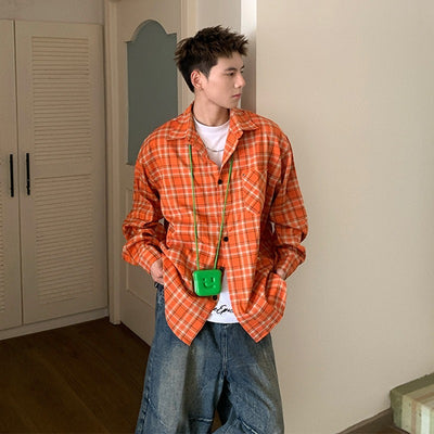 Camisa Cuadros Naranja Suelta Manga Larga Casual Hombre Estilo Retro - Image 9