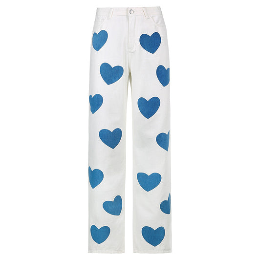 Pantalón Denim Talle Alto Recto con Estampado de Corazones - Image 23