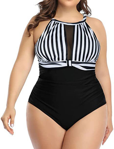 Plus size black one-piece swimsuit with a halter neck and mesh V-neck insert, featuring ruched sides. - Image 13