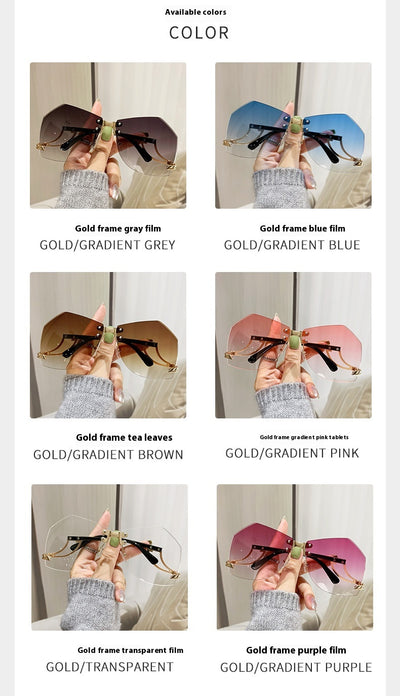 Rimless sunglasses with gradient pink lenses and gold-tone hollow temples, featuring a unique quadrilateral shape. - Image 10