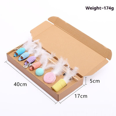 7-piece cat toy gift set with mouse, feather wands, and string-wrapped toys in a brown cardboard box. - Image 6