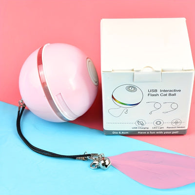 White electric interactive cat toy ball with LED light and feather attachment, shown with its white packaging box. - Image 3