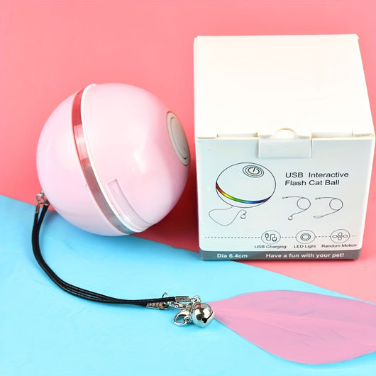 White electric interactive cat toy ball with LED light and feather attachment, shown with its white packaging box. - Image 3