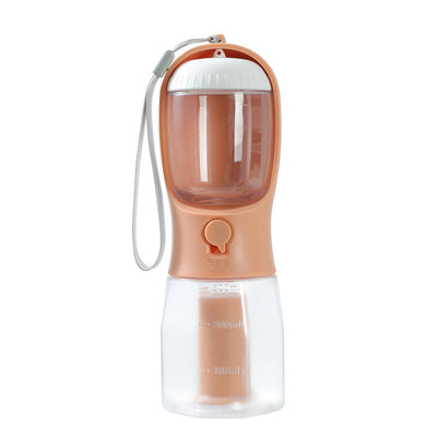 Purple 3-in-1 portable pet water bottle with food compartment, waste bag dispenser, and lanyard. - Image 8