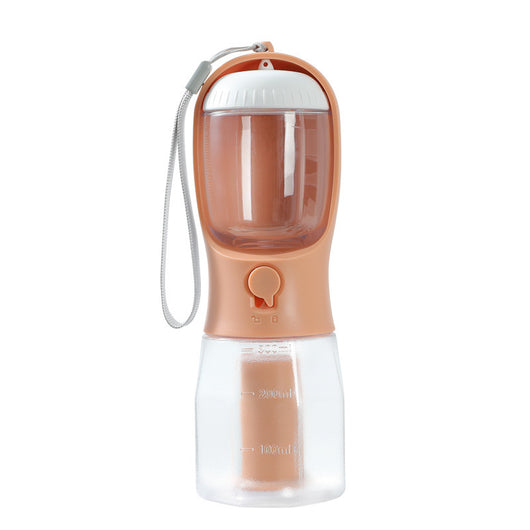 Purple 3-in-1 portable pet water bottle with food compartment, waste bag dispenser, and lanyard. - Image 8