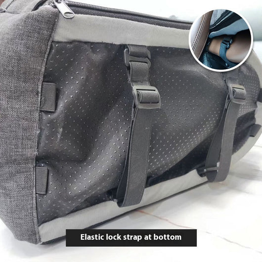 Dark gray portable pet car bed with white paw print and bone patterns, soft gray interior, and black straps. - Image 3
