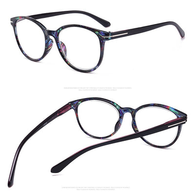 Four pairs of anti-blue light reading glasses with colorful full-rim frames in pink, tea, blue, and violet patterns. - Image 7