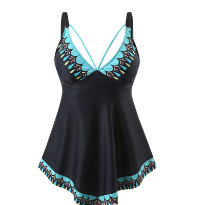 Black plus size tankini top with a colorful scalloped pattern on the bust and hem, featuring criss-cross straps. - Image 6