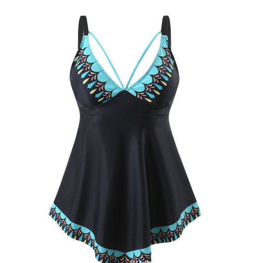 Black plus size tankini top with a colorful scalloped pattern on the bust and hem, featuring criss-cross straps. - Image 6