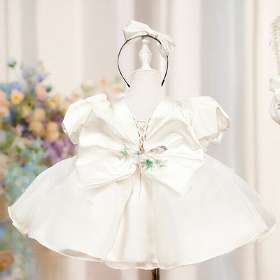Vestido de Fiesta Infantil Blanco con Mangas Abullonadas de Satén - Image 3