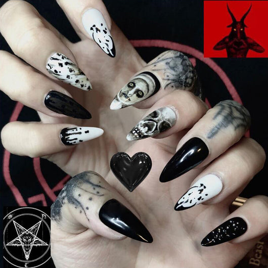 Uñas Postizas Gota de Agua Almendra - Diseño Calavera Halloween Manicura Artística - Image 7