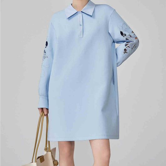 Vestido Camisero Holgado Azul con Bordados Calados