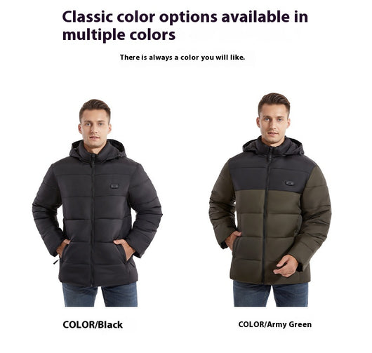 Man and woman modeling black smart heating puffer jackets with hoods, zippered pockets, and horizontal quilting. - Image 11