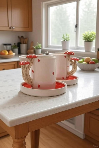 Juego de Tazas de Cerámica Artesanal con Asas de Champiñón para Desayunos Acogedores