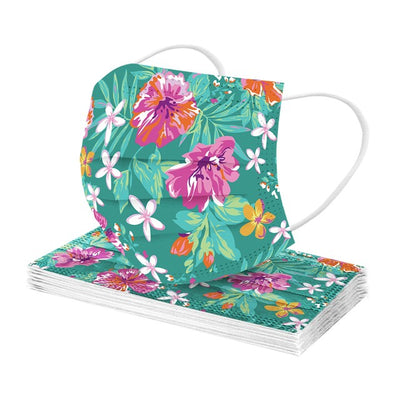 Stack of disposable facial masks with a watercolor floral pattern of red, pink, and orange roses and green leaves. - Image 16