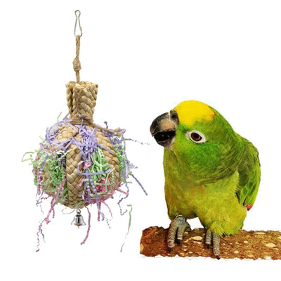 Woven straw paper parrot toy filled with colorful shredded paper, featuring a small bell at the bottom. - Image 5