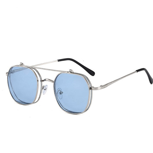Gold frame flip-up sunglasses with brown lenses, featuring a double-layer design and black temple tips. - Image 9