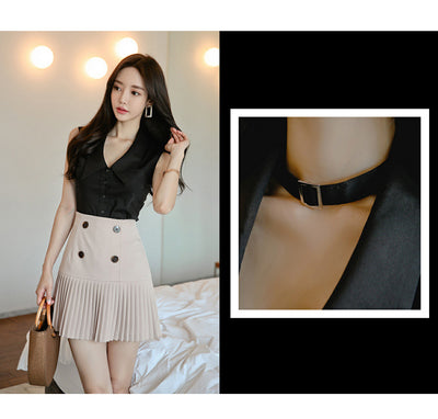 Conjunto Dos Piezas: Blusa Escote V sin Mangas + Falda Plisada Cintura Alta - Image 17