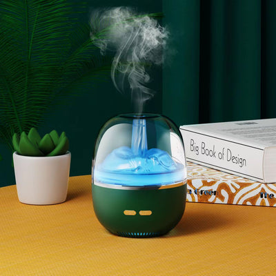 White essential oil diffuser and humidifier with a clear dome top, glowing red inside, and blue LED base light. - Image 8