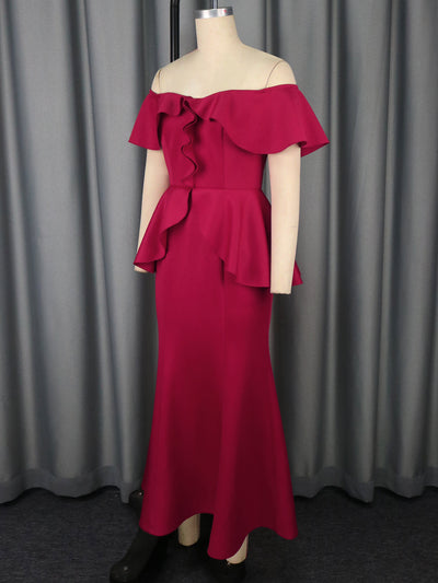 Vestido Fishtail Elegante con Volantes y Hombros Descubiertos - Image 8