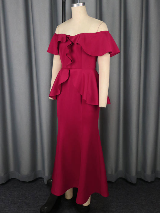 Vestido Fishtail Elegante con Volantes y Hombros Descubiertos - Image 8