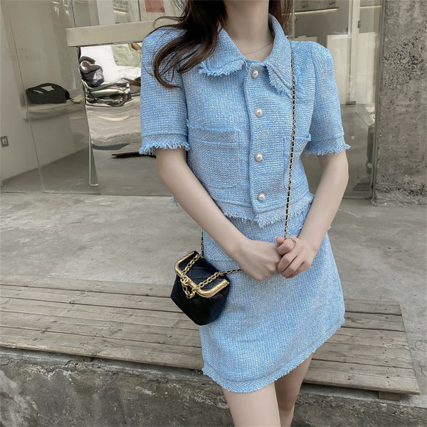 Conjunto de Falda y Chaqueta Tweed Ajustada - Set de 2 Piezas Cintura Alta