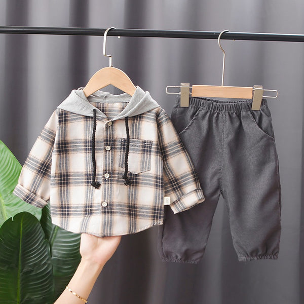 Conjunto de Abrigo Cuadriculado con Capucha, Camisa de Manga Larga y Sudadera para Niños