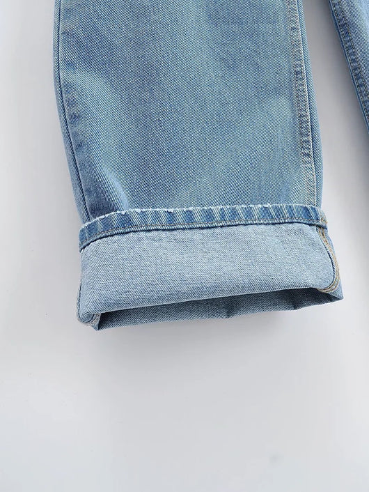 Jeans Azul Lavado Talle Alto Pierna Ancha con Bolsillos Decorados para Mujer - Image 11