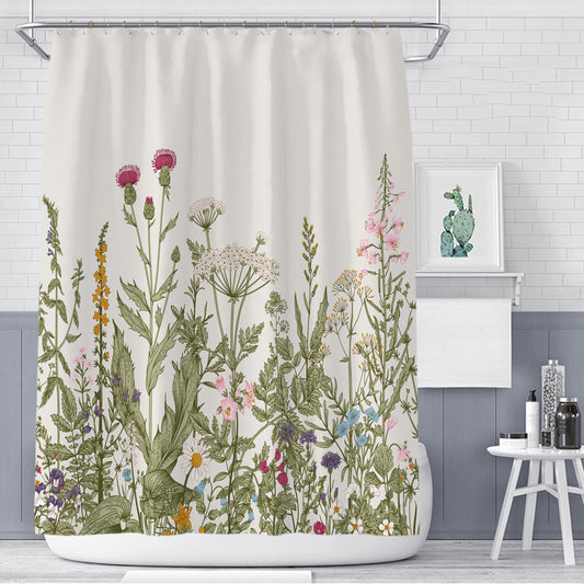 White polyester shower curtain with a watercolor floral pattern of blue and pink hydrangeas and green leaves.