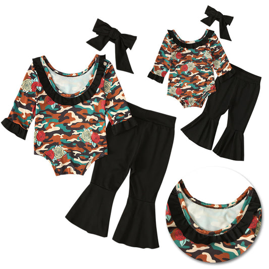 Conjunto Infantil Estilo Militar: Romper Manga Larga, Pantalón Acampanado y Diadema - Image 2
