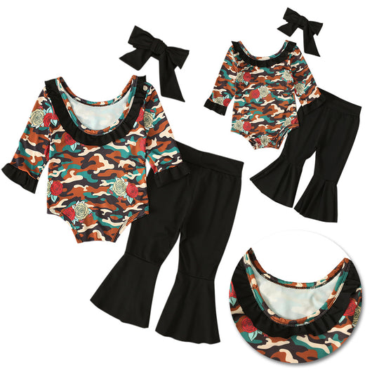 Conjunto Infantil Estilo Militar: Romper Manga Larga, Pantalón Acampanado y Diadema - Image 2