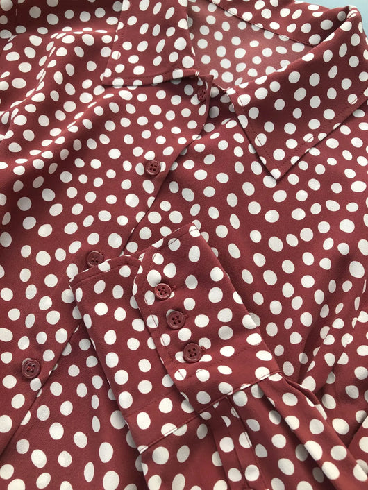 Camisa Vintage Burdeos con Lunares en Seda - Cuello Solapa Manga Larga - Image 20