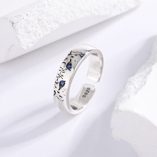 Anillo de Plata 925 Pareja de Leopardos de Nieve con Ojos Azules Vintage