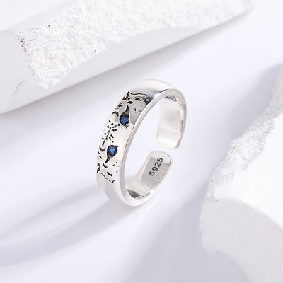 Anillo de Plata 925 Pareja de Leopardos de Nieve con Ojos Azules Vintage