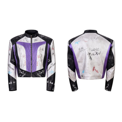 Chaqueta de Cuero Estilo Graffiti con Cuello Elevado para Hombre - Image 2