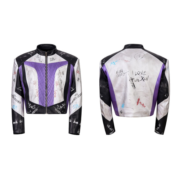 Chaqueta de Cuero Estilo Graffiti con Cuello Elevado para Hombre