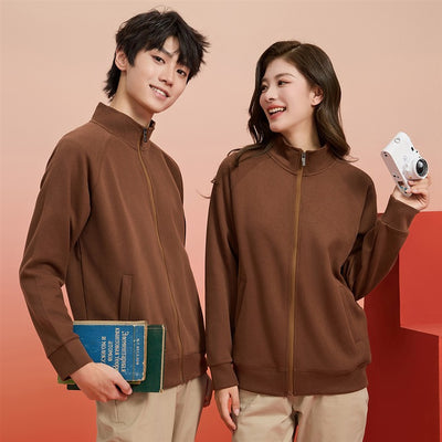 Purple full-zip jacket with a stand-up collar, raglan sleeves, and front pockets, displayed on a hanger. - Image 15